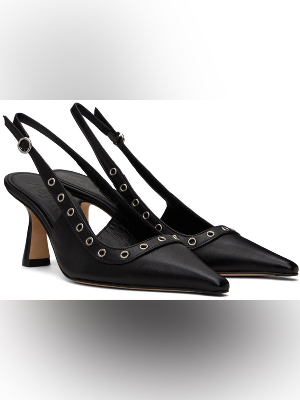 Aeyde 37 Isotta Black Leather Slingback Heels Silver Grommets
